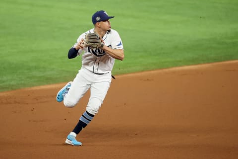 Oct 23, 2020; Arlington, Texas, USA; Tampa Bay Rays shortstop Willy Adames (1) throws to first base. Mandatory Credit: Kevin Jairaj-USA TODAY Sports