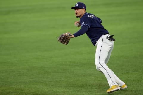 Oct 24, 2020; Arlington, Texas, USA; Tampa Bay Rays shortstop Willy Adames (1) throws to first base. Mandatory Credit: Tim Heitman-USA TODAY Sports