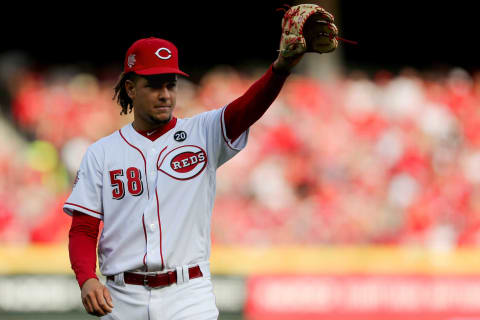 Cincinnati Reds starting pitcher Luis Castillo (58) recognizes the crowd after being pulled out of the game in the sixth inning.