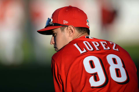 Mar 2, 2021; Goodyear, Arizona, USA; Cincinnati Reds outfielder Alejo Lopez warms up. Mandatory Credit: Joe Camporeale-USA TODAY Sports