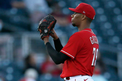 Cincinnati Reds starting pitcher Hunter Greene (79) waits for a signal.Los Angeles Angels At Cincinnati Reds