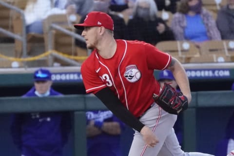 Mar 3, 2021; Phoenix, Arizona, USA; Cincinnati Reds starting pitcher Jeff Hoffman (23) throws against the Los Angeles Dodgers. Mandatory Credit: Rick Scuteri-USA TODAY Sports