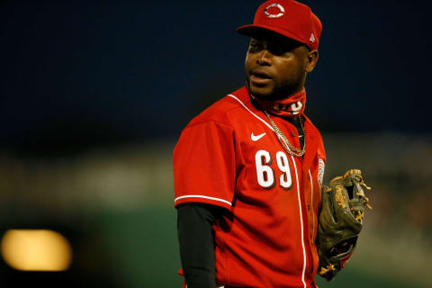 Cincinnati Reds third basemen Alfredo Rodriguez (69) looks down the line.