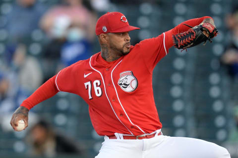 Mar 9, 2021; Goodyear, Arizona, USA; Cincinnati Reds pitcher Vladimir Gutierrez pitches. Mandatory Credit: Joe Camporeale-USA TODAY Sports