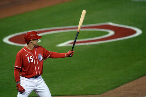 Mar 9, 2021; Goodyear, Arizona, USA; Cincinnati Reds center fielder Nick Senzel (15) bats. Mandatory Credit: Joe Camporeale-USA TODAY Sports