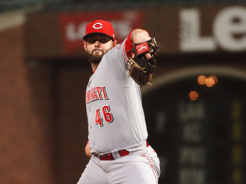 Apr 13, 2021; San Francisco, California, USA; Cincinnati Reds relief pitcher Cam Bedrosian (46) pitches. Mandatory Credit: Kelley L Cox-USA TODAY Sports