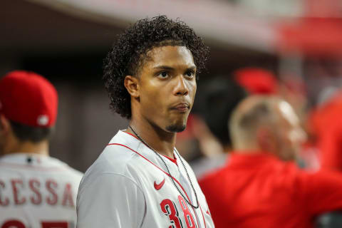 Aug 21, 2021; Cincinnati, Ohio, USA; Cincinnati Reds second baseman Jose Barrero (38) during the sixth inning. Mandatory Credit: Katie Stratman-USA TODAY Sports