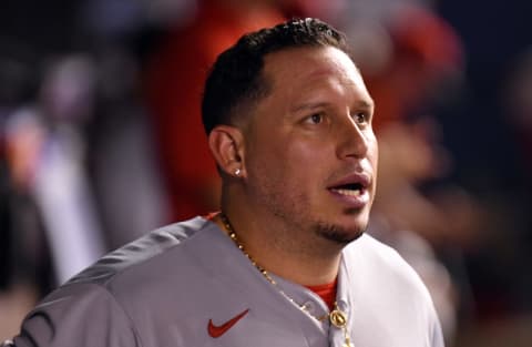 Aug 28, 2021; Miami, Florida, USA; Recently acquired Cincinnati Reds infielder Asdrubal Cabrera (3) looks on from the dugout. Mandatory Credit: Jim Rassol-USA TODAY Sports