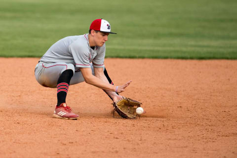 Southridge’s Colson Montgomery (2) fields a grounder during the Mater Dei Wildcats vs Southridge Raiders baseball game at Bosse Field Monday, April 29, 2019.