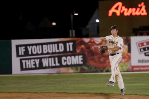 Lafayette Aviators third baseman Trey Sweeney (2) throws to first.