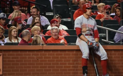 Sep 27, 2016; St. Louis, MO, USA; Cincinnati Reds first baseman Joey Votto (19) leans against the wall near the on deck circle during the ninth inning against the St. Louis Cardinals at Busch Stadium. The Cardinals won 12-5. Mandatory Credit: Jeff Curry-USA TODAY Sports