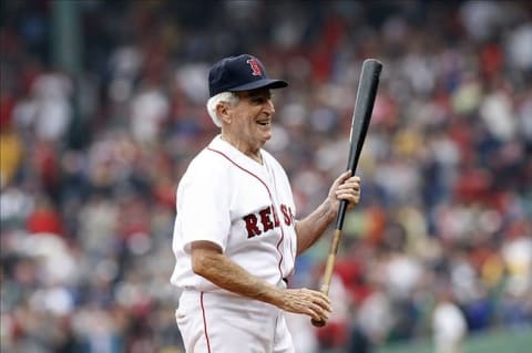 September 28, 2008; Boston, Massachusetts, USA; Boston Red Sox former player Johnny Pesky (6) is all smiles during the pregame celebration to retire his number before the game against he New York Yankees at Fenway Park. Mandatory Credit: Greg M. Cooper-US PRESSWIRE