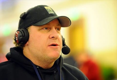 Feb 3, 2012; Indianapolis, IN, USA; MLB former pitcher Curt Schilling is interviewed on radio row at the Super Bowl XLVI media center at the J.W. Marriott. Mandatory Credit: Dale Zanine-USA TODAY Sports