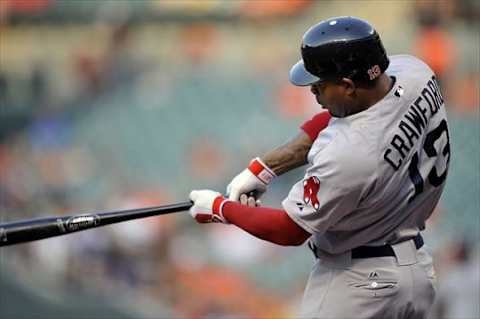 August 16, 2012; Baltimore, MD, USA; Boston Red Sox left fielder Carl Crawford (13) doubles in the first inning against the Baltimore Orioles at Oriole Park at Camden Yards. Mandatory Credit: Joy R. Absalon-USA TODAY Sports