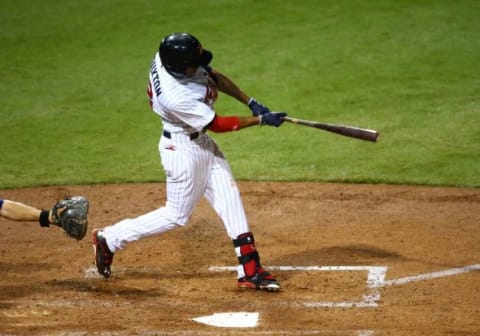 Oct. 14, 2014; Scottsdale, AZ, USA; Minnesota Twins outfielder Byron Buxton plays for the Salt River Rafters during an Arizona Fall League game against the Surprise Saguaros at Salt River Field. Mandatory Credit: Mark J. Rebilas-USA TODAY Sports