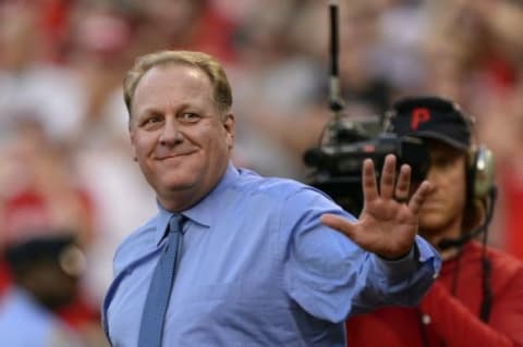 Aug 2, 2013; Philadelphia, PA, USA; Philadelphia Phillies wall of fame inductee Curt Schilling is introduced during the 2013 Philadelphia Phillies wall of fame induction ceremony prior to playing the Atlanta Braves at Citizens Bank Park. The Braves defeated the Phillies 6-4. Mandatory Credit: Howard Smith-USA TODAY Sports