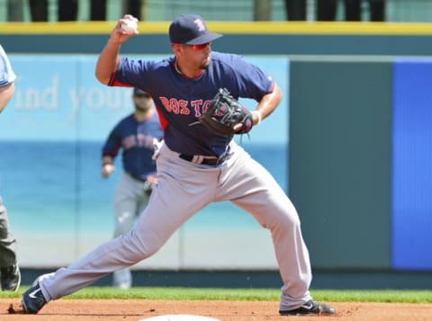 Mar 9, 2014; Bradenton, FL, USA; Boston Red Sox shortstop Deven Marrero (74) throws to first base during the third inning against the Pittsburgh Pirates at McKechnie Field. Mandatory Credit: Tommy Gilligan-USA TODAY Sports