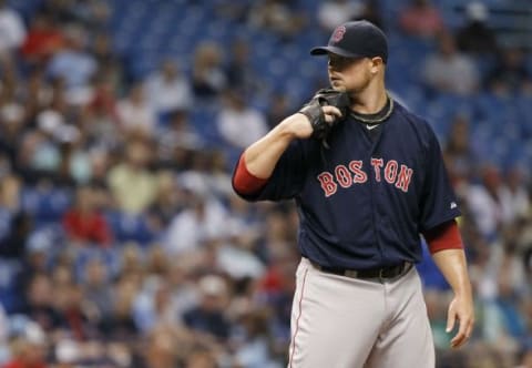 Jul 25, 2014; St. Petersburg, FL, USA; Boston Red Sox starting pitcher Jon Lester (31) on the mound during the second inning against the Tampa Bay Rays at Tropicana Field. Mandatory Credit: Kim Klement-USA TODAY Sports