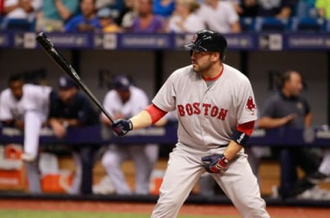 Apr 23, 2015; St. Petersburg, FL, USA; Boston Red Sox catcher Sandy Leon (3) at bat against the Tampa Bay Rays at Tropicana Field. Mandatory Credit: Kim Klement-USA TODAY Sports