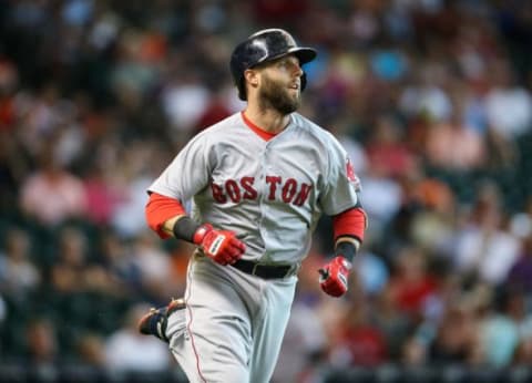 Jul 21, 2015; Houston, TX, USA; Boston Red Sox second baseman Dustin Pedroia (15) during the game against the Houston Astros at Minute Maid Park. Mandatory Credit: Troy Taormina-USA TODAY Sports