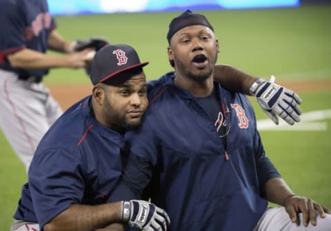 May 9, 2015; Toronto, Ontario, CAN; Boston Red Sox third baseman Pablo Sandoval (48) and Boston Red Sox left fielder Hanley Ramirez (13) during batting practice before a game against the Toronto Blue Jays at Rogers Centre. Mandatory Credit: Nick Turchiaro-USA TODAY Sports