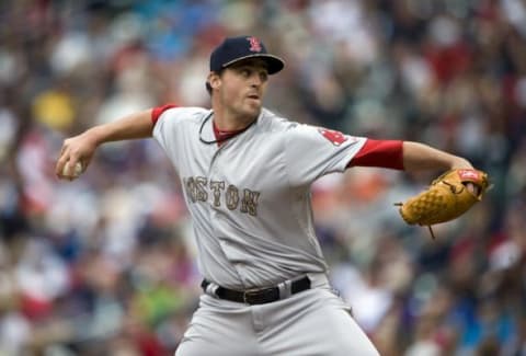 May 25, 2015; Minneapolis, MN, USA; Boston Red Sox pitcher Heath Hembree (37) delivers a pitch during the eighth inning against the Minnesota Twins at Target Field. The Twins win 7-2 over the Red Sox. Mandatory Credit: Marilyn Indahl-USA TODAY Sports