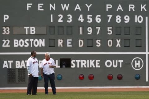 May 5, 2015; Boston, MA, USA; Boston Red Sox hall of famers Jim Rice and Carl Yastrzemski stand in left field as part of the pregame ceremony before the game between the Tampa Bay Rays and the Boston Red Sox at Fenway Park. Mandatory Credit: Greg M. Cooper-USA TODAY Sports