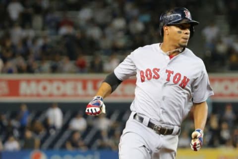 Sep 29, 2015; Bronx, NY, USA; Boston Red Sox shortstop Xander Bogaerts (2) advances to third during the first inning against the New York Yankees at Yankee Stadium. Mandatory Credit: Anthony Gruppuso-USA TODAY Sports