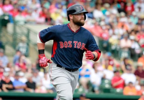 Mar 7, 2015; Sarasota, FL, USA; Boston Red Sox right fielder Bryce Brentz (73) hits a solo home run during the fourth inning against the Baltimore Orioles at a spring training baseball game at Ed Smith Stadium. Mandatory Credit: Kim Klement-USA TODAY Sports