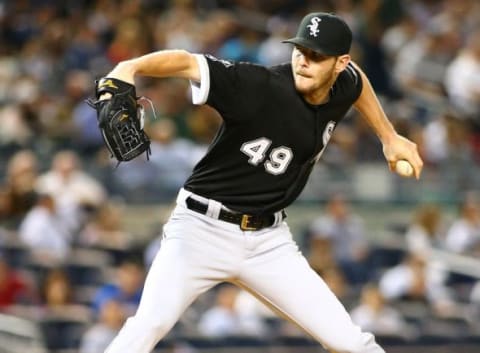 Sep 24, 2015; Bronx, NY, USA; Chicago White Sox starting pitcher Chris Sale (49) pitches against the New York Yankees in the third inning at Yankee Stadium. Mandatory Credit: Andy Marlin-USA TODAY Sports