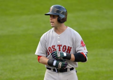 Oct 4, 2015; Cleveland, OH, USA; Boston Red Sox second baseman Dustin Pedroia (15) reacts after flying out in the fifth inning against the Cleveland Indians at Progressive Field. Mandatory Credit: David Richard-USA TODAY Sports