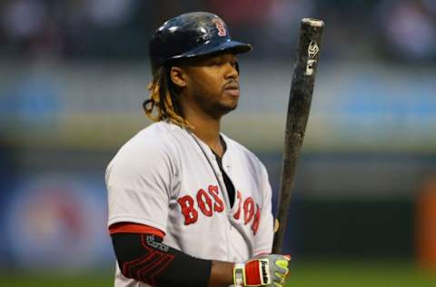 Aug 26, 2015; Chicago, IL, USA; Boston Red Sox left fielder Hanley Ramirez (13) during an at bat in the first inning against the Chicago White Sox at U.S Cellular Field. Mandatory Credit: Caylor Arnold-USA TODAY Sports