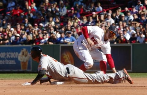 Sep 27, 2015; Boston, MA, USA; Baltimore Orioles third baseman Manny Machado (13) dives into second base as Boston Red Sox second baseman Brock Holt (back) defends during the sixth inning at Fenway Park. Mandatory Credit: Mark L. Baer-USA TODAY Sports