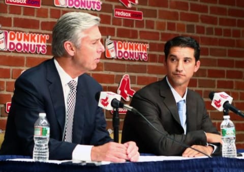 Sep 24, 2015; Boston, MA, USA; Boston Red Sox president of baseball operations Dave Dombrowski (left) introduces Mike Hazen (right) as the team