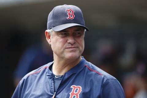 Aug 9, 2015; Detroit, MI, USA; Boston Red Sox manager John Farrell (53) in the dugout before the game against the Detroit Tigers at Comerica Park. Mandatory Credit: Rick Osentoski-USA TODAY Sports