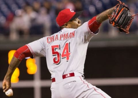 Jun 4, 2015; Philadelphia, PA, USA; Cincinnati Reds relief pitcher Aroldis Chapman (54) pitches during the ninth inning against the Philadelphia Phillies at Citizens Bank Park. The Reds won 6-4. Mandatory Credit: Bill Streicher-USA TODAY Sports