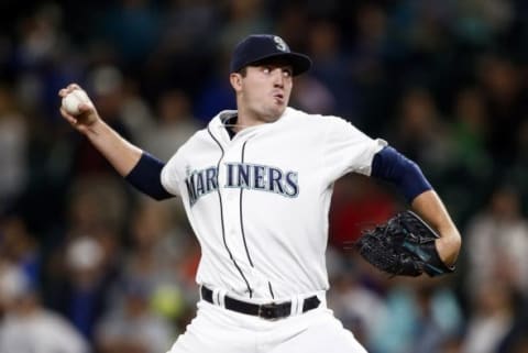 Sep 9, 2015; Seattle, WA, USA; Seattle Mariners pitcher Carson Smith (39) throws during the ninth inning against the Texas Rangers at Safeco Field. Seattle defeated Texas, 6-0. Mandatory Credit: Joe Nicholson-USA TODAY Sports