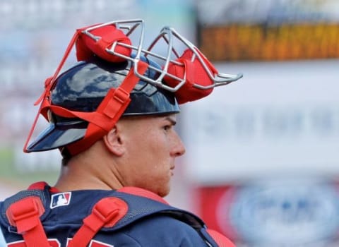 Mar 9, 2015; Jupiter, FL, USA; Boston Red Sox catcher Christian Vazquez (7) looks on from home plate during a spring training baseball game against the Boston Red Sox at Roger Dean Stadium. Mandatory Credit: Steve Mitchell-USA TODAY Sports