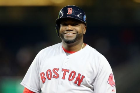 Sep 30, 2015; Bronx, NY, USA; Boston Red Sox designated hitter David Ortiz (34) reacts after hitting an RBI single against the New York Yankees during the third inning at Yankee Stadium. Mandatory Credit: Brad Penner-USA TODAY Sports