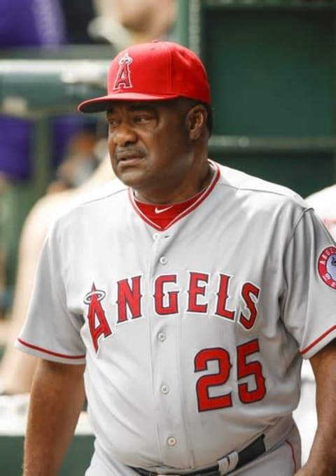 Aug 17, 2014; Arlington, TX, USA; Los Angeles Angels batting coach Don Baylor (25) during the game against the Texas Rangers at Globe Life Park in Arlington. Mandatory Credit: Kevin Jairaj-USA TODAY Sports