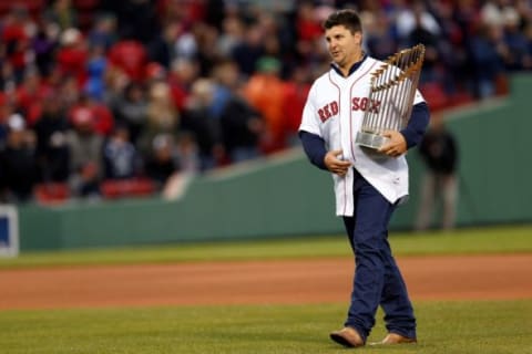 May 28, 2014; Boston, MA, USA; Boston Red Sox former pitcher Keith Foulke walks on the field as part of the 10 year celebration of the 2004 Boston Red Sox before the game against the Atlanta Braves at Fenway Park. Mandatory Credit: Greg M. Cooper-USA TODAY Sports