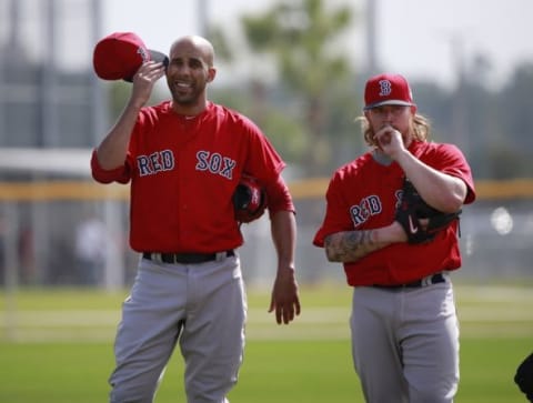 Feb 20, 2016; Lee County, FL, USA; Boston Red Sox starting pitcher David Price (left) and relief pitcher Robbie Ross Jr. (28) look on as they work out at Jet Blue Park. Mandatory Credit: Kim Klement-USA TODAY Sports