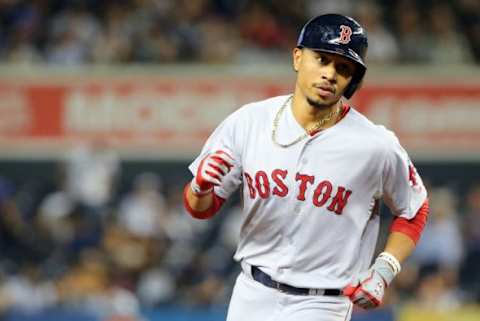 Sep 29, 2015; Bronx, NY, USA; Boston Red Sox center fielder Mookie Betts (50) rounds the bases on his solo home run to left during the fifth inning against the New York Yankees at Yankee Stadium. Boston Red Sox won 10-4. Mandatory Credit: Anthony Gruppuso-USA TODAY Sports