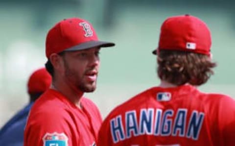 Mar 14, 2016; Fort Myers, FL, USA; Boston Red Sox catcher Blake Swihart (23) talks with catcher Ryan Hanigan (10) prior to the game at JetBlue Park. Mandatory Credit: Kim Klement-USA TODAY Sports