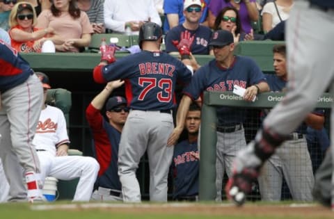 Mar 7, 2015; Sarasota, FL, USA; Boston Red Sox right fielder Bryce Brentz (73) is congratulated after he hit a solo home run during the fourth inning against the Baltimore Orioles at a spring training baseball game at Ed Smith Stadium. Mandatory Credit: Kim Klement-USA TODAY Sports