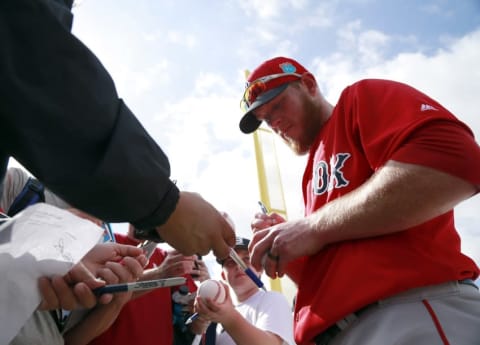 Feb 20, 2016; Lee County, FL, USA; Boston Red Sox relief pitcher Craig Kimbrel (46) signs autographs after he works out at Jet Blue Park. Mandatory Credit: Kim Klement-USA TODAY Sports