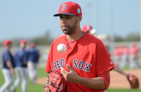 Feb 24, 2016; Lee County, FL, USA; Boston Red Sox pitcher David Price (24) prepares to throw during the workout at Jet Blue Park. Mandatory Credit: Jonathan Dyer-USA TODAY Sports