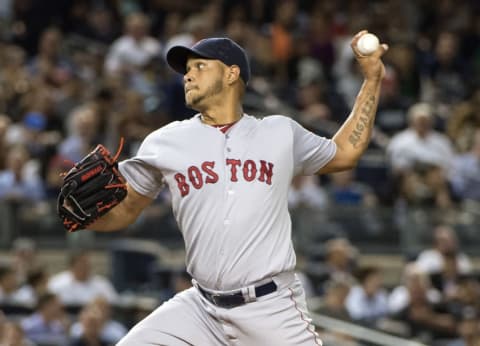 Sep 28, 2015; Bronx, NY, USA; Boston Red Sox pitcher Eduardo Rodriguez (52) delivers a pitch during the second inning of the game against the New York Yankees at Yankee Stadium. Mandatory Credit: Gregory J. Fisher-USA TODAY Sports