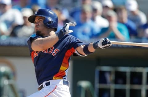 Mar 5, 2016; Kissimmee, FL, USA; Houston Astros second baseman Jose Altuve (27) bats during the fifth inning of a spring training baseball game against the Toronto Blue Jays at Osceola County Stadium. Mandatory Credit: Reinhold Matay-USA TODAY Sports