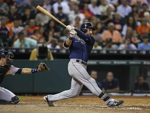 Aug 20, 2015; Houston, TX, USA; Tampa Bay Rays center fielder Kevin Kiermaier (39) hits a single during the ninth inning against the Houston Astros at Minute Maid Park. Mandatory Credit: Troy Taormina-USA TODAY Sports